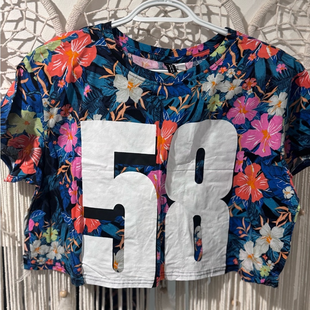 H&M Blue and Red Crop Top with Bold Floral Design